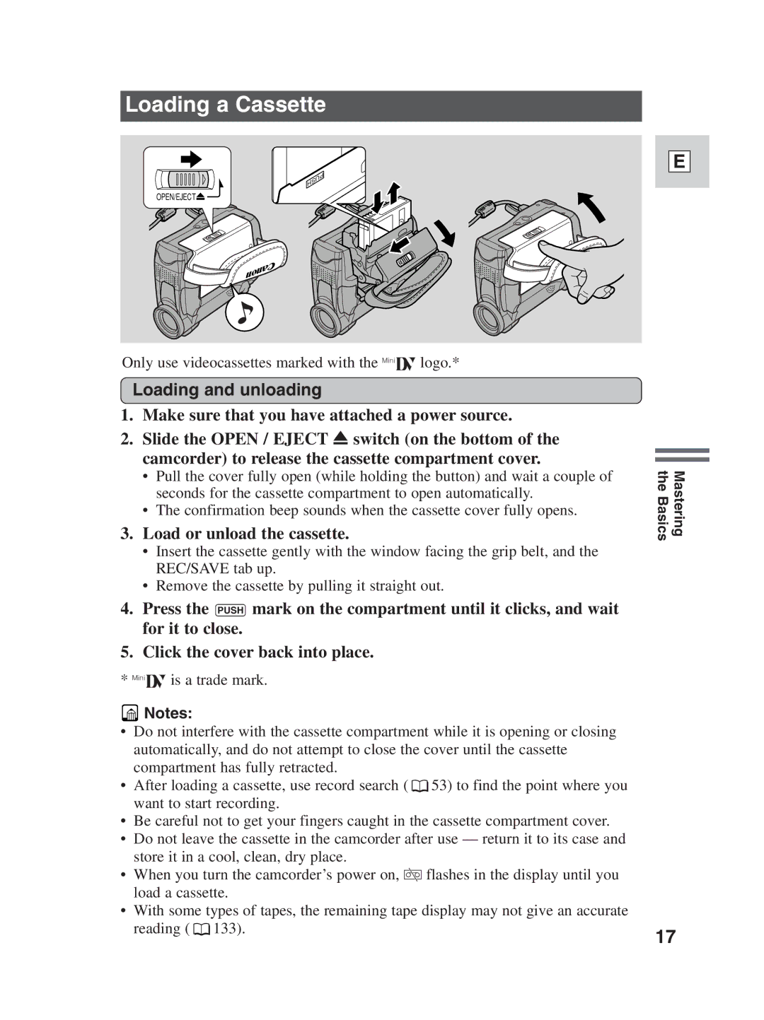 Canon ZR25 MC instruction manual Loading a Cassette, Loading and unloading, Load or unload the cassette 