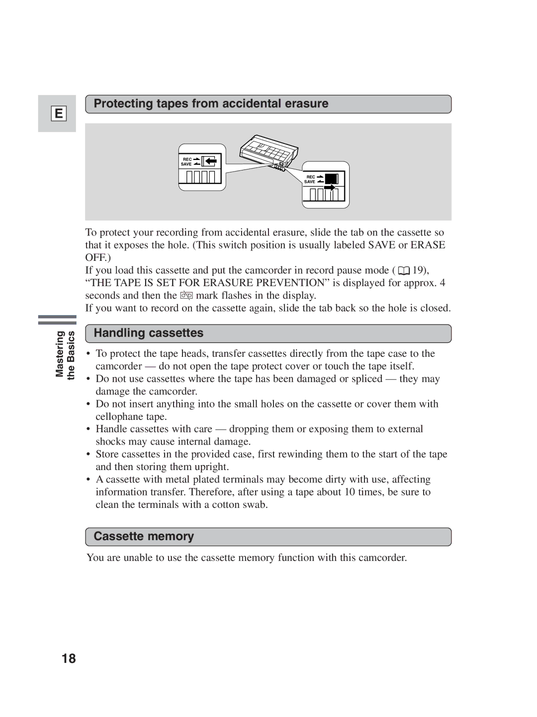 Canon ZR25 MC instruction manual Protecting tapes from accidental erasure, Handling cassettes, Cassette memory 