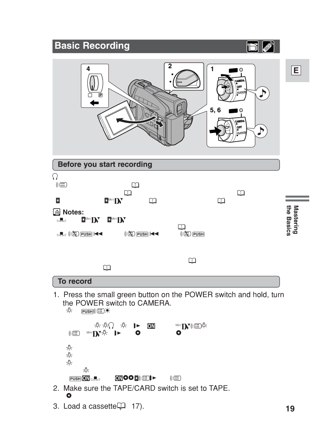 Canon ZR25 MC Basic Recording, Before you start recording, To record, Make sure the TAPE/CARD switch is set to Tape 