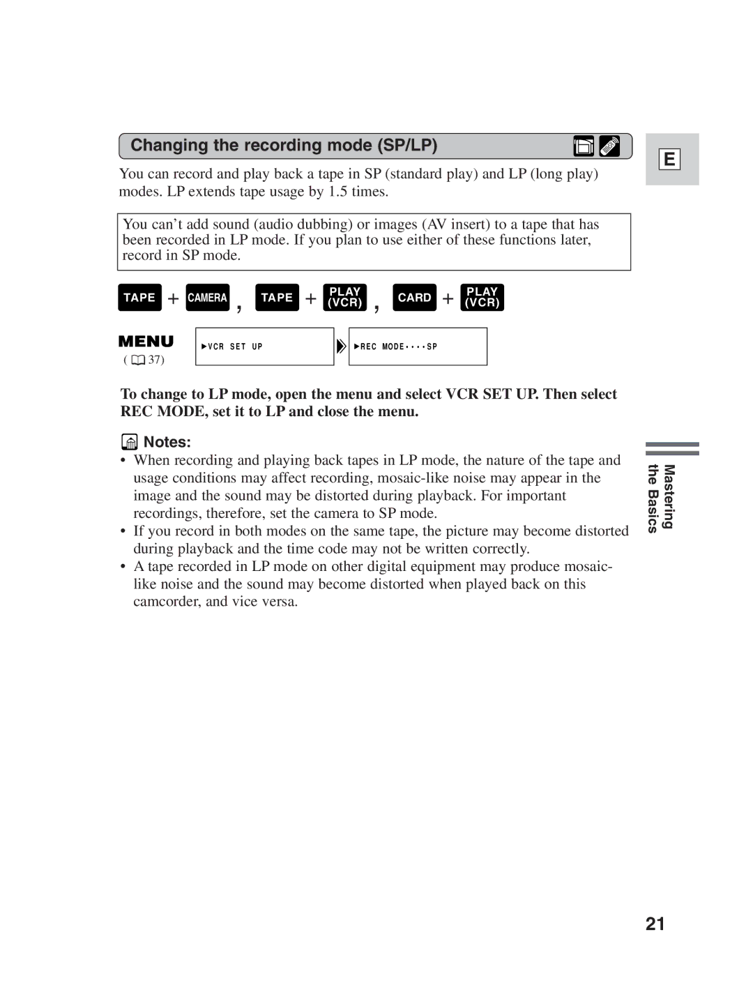 Canon ZR25 MC instruction manual Changing the recording mode SP/LP 