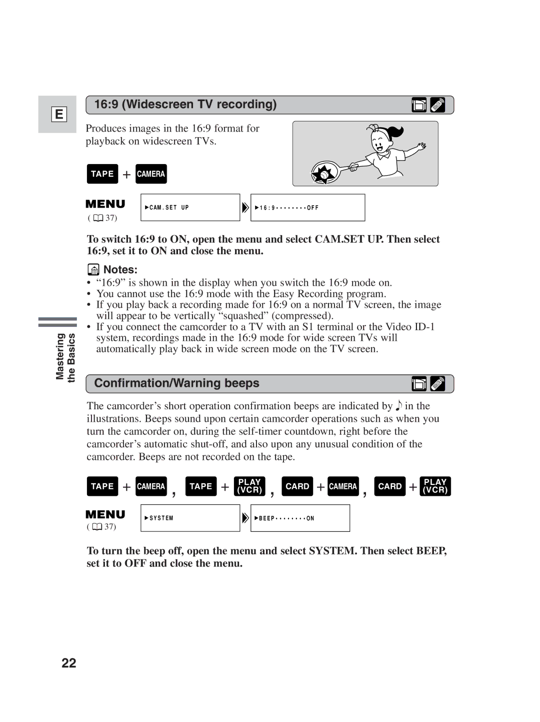 Canon ZR25 MC instruction manual Widescreen TV recording, Confirmation/Warning beeps 