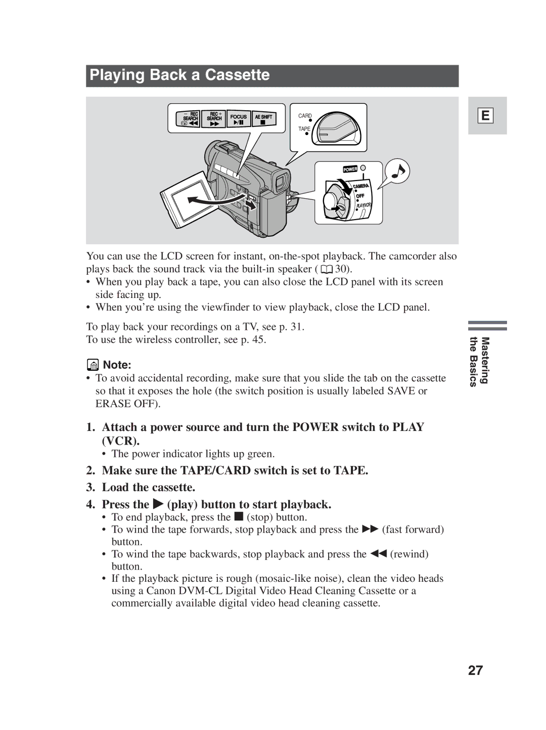 Canon ZR25 MC instruction manual Playing Back a Cassette, Attach a power source and turn the Power switch to Play VCR 