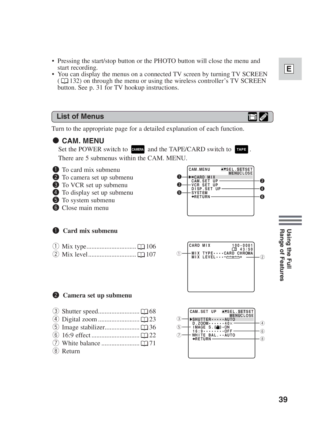 Canon ZR25 MC instruction manual List of Menus 