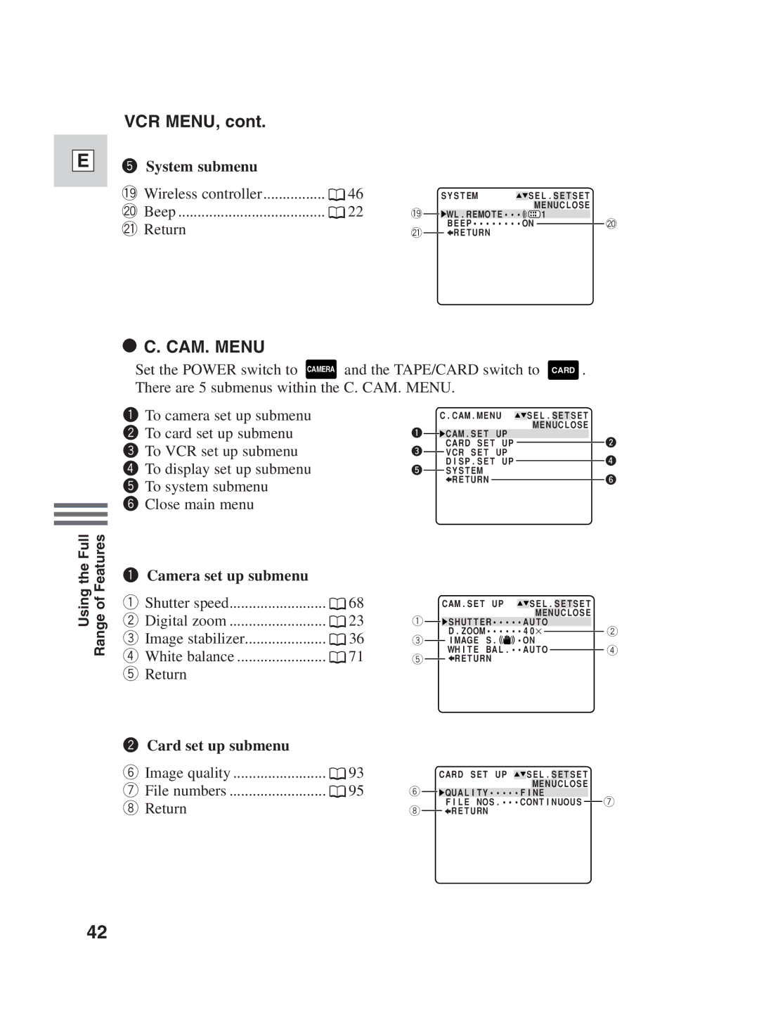 Canon ZR25 MC instruction manual Vcr Menu, Camera set up submenu 