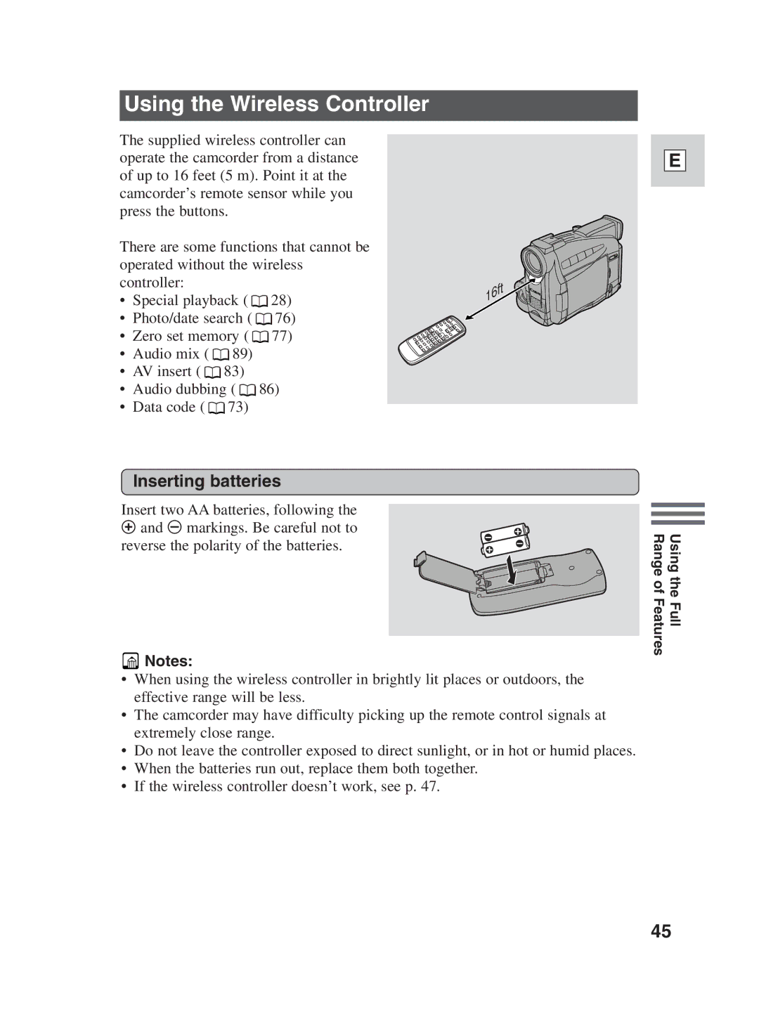 Canon ZR25 MC instruction manual Using the Wireless Controller, Inserting batteries 