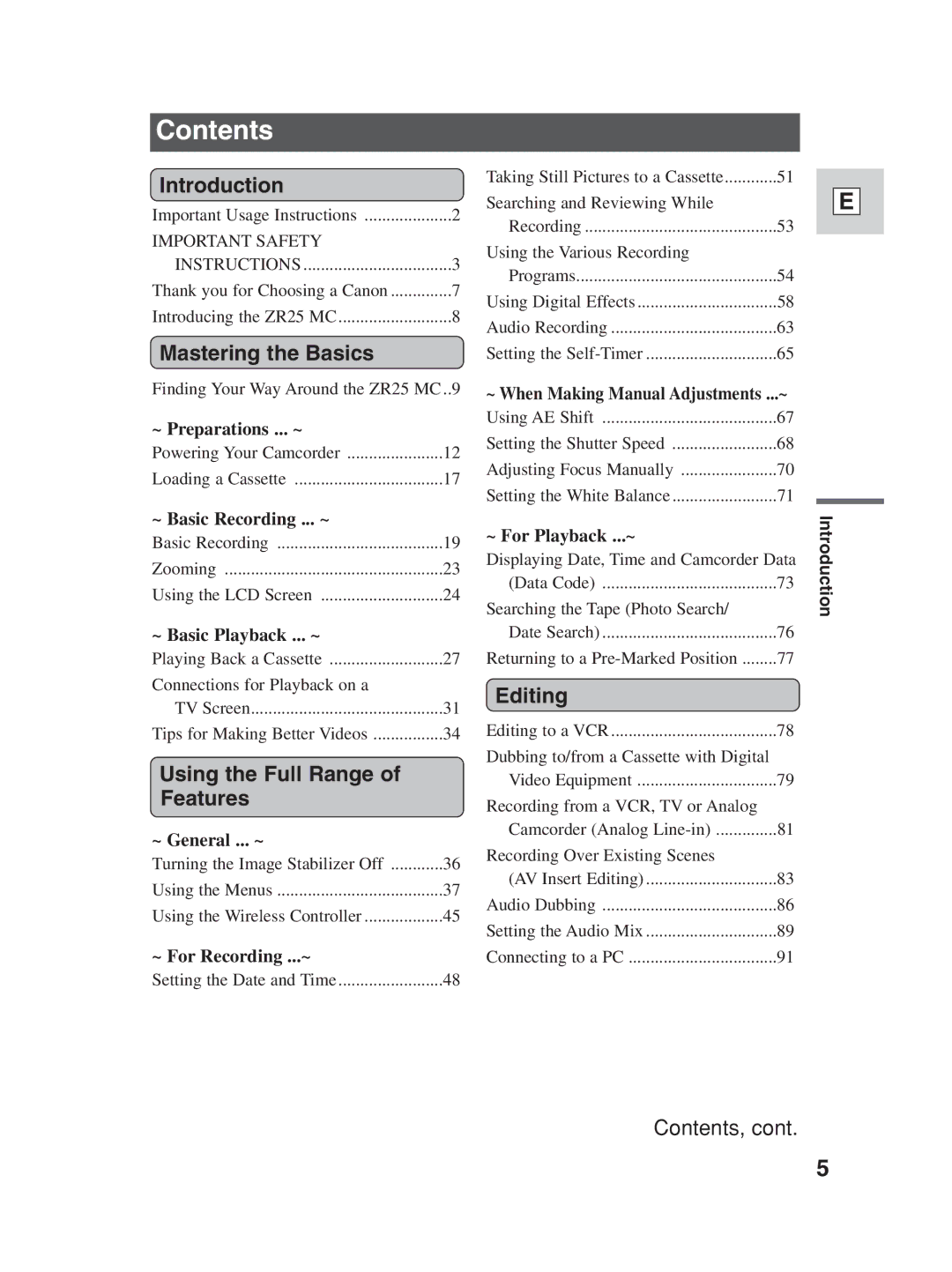 Canon ZR25 MC instruction manual Contents 