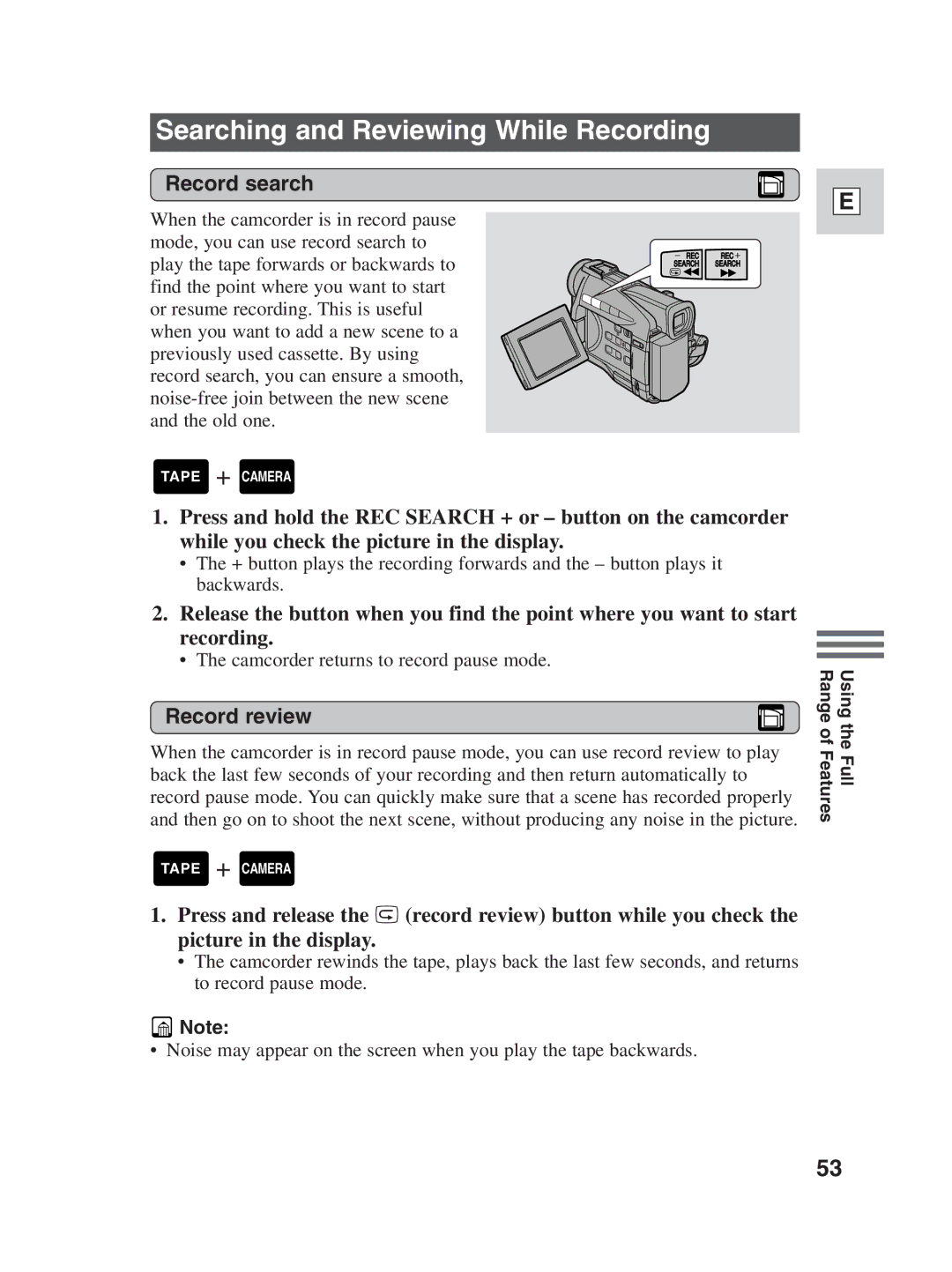 Canon ZR25 MC instruction manual Searching and Reviewing While Recording, Record search, Record review 