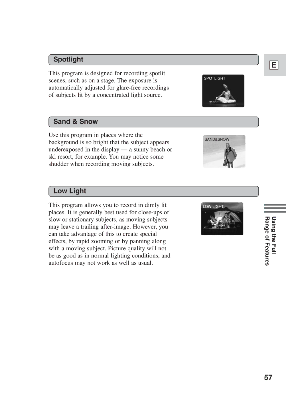 Canon ZR25 MC instruction manual Spotlight, Sand & Snow, Low Light 