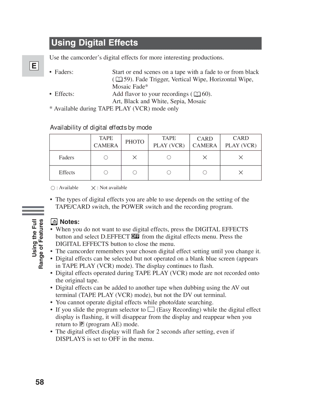 Canon ZR25 MC instruction manual Using Digital Effects, Availability of digital effects by mode 