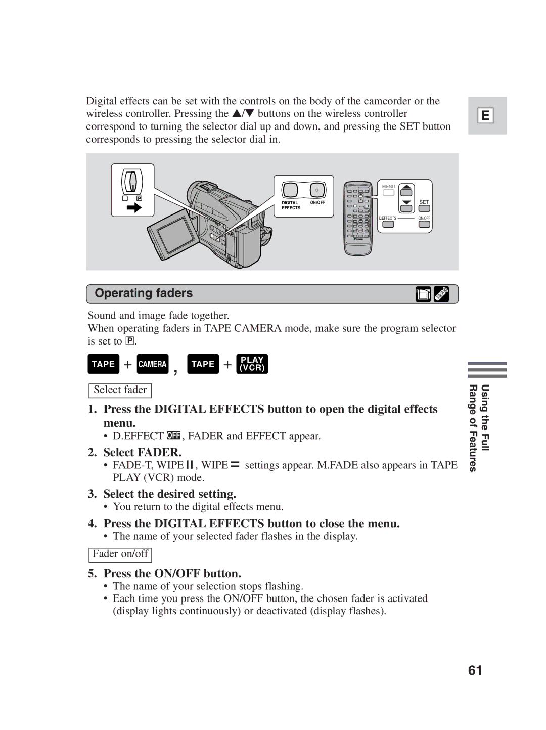 Canon ZR25 MC instruction manual Operating faders, Select Fader, Select the desired setting, Press the ON/OFF button 