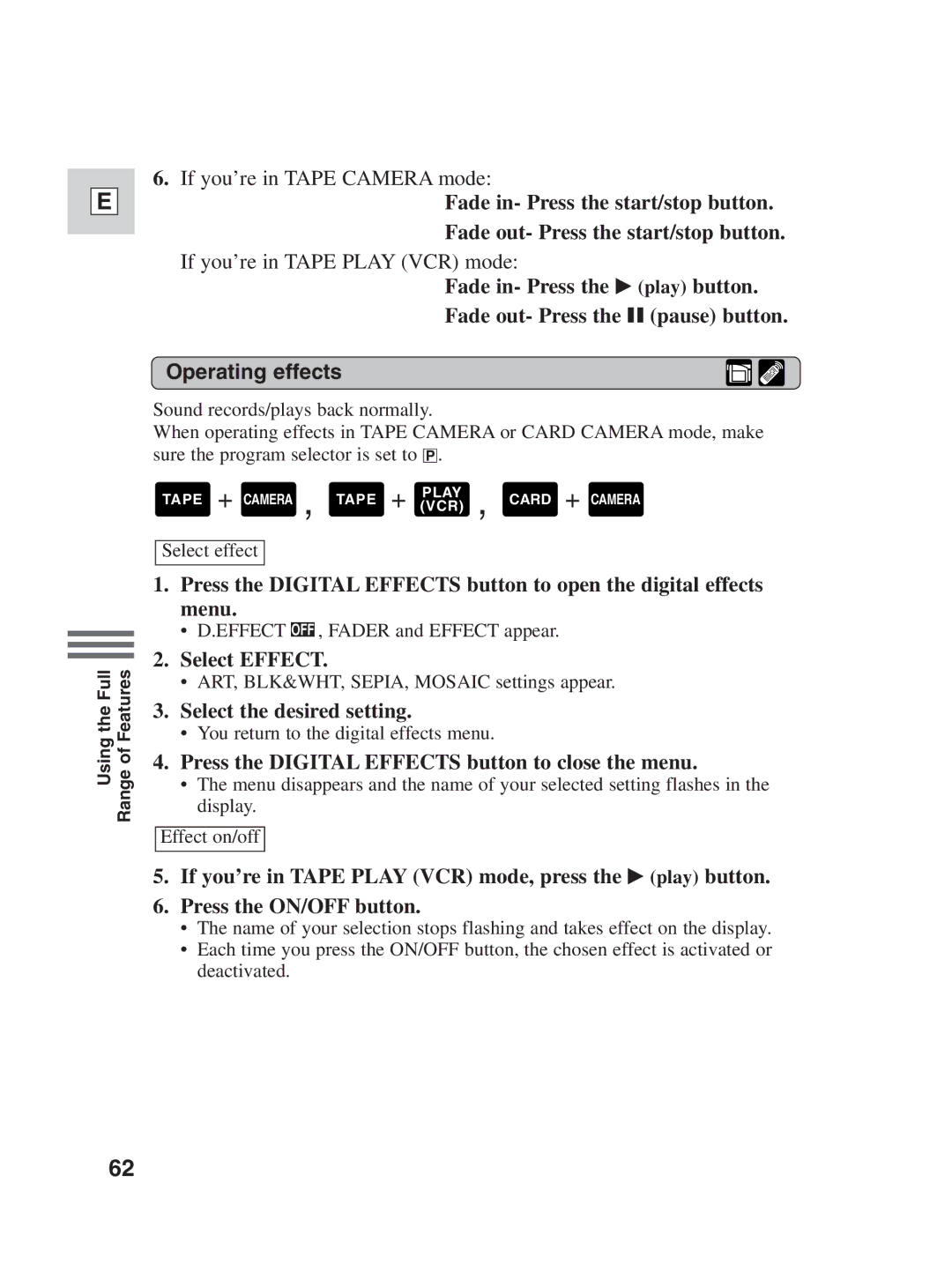 Canon ZR25 MC instruction manual Operating effects, Select Effect 