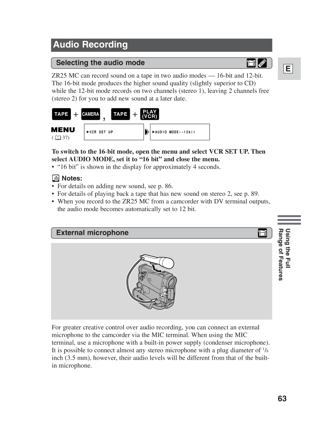 Canon ZR25 MC instruction manual Audio Recording, Selecting the audio mode, External microphone 