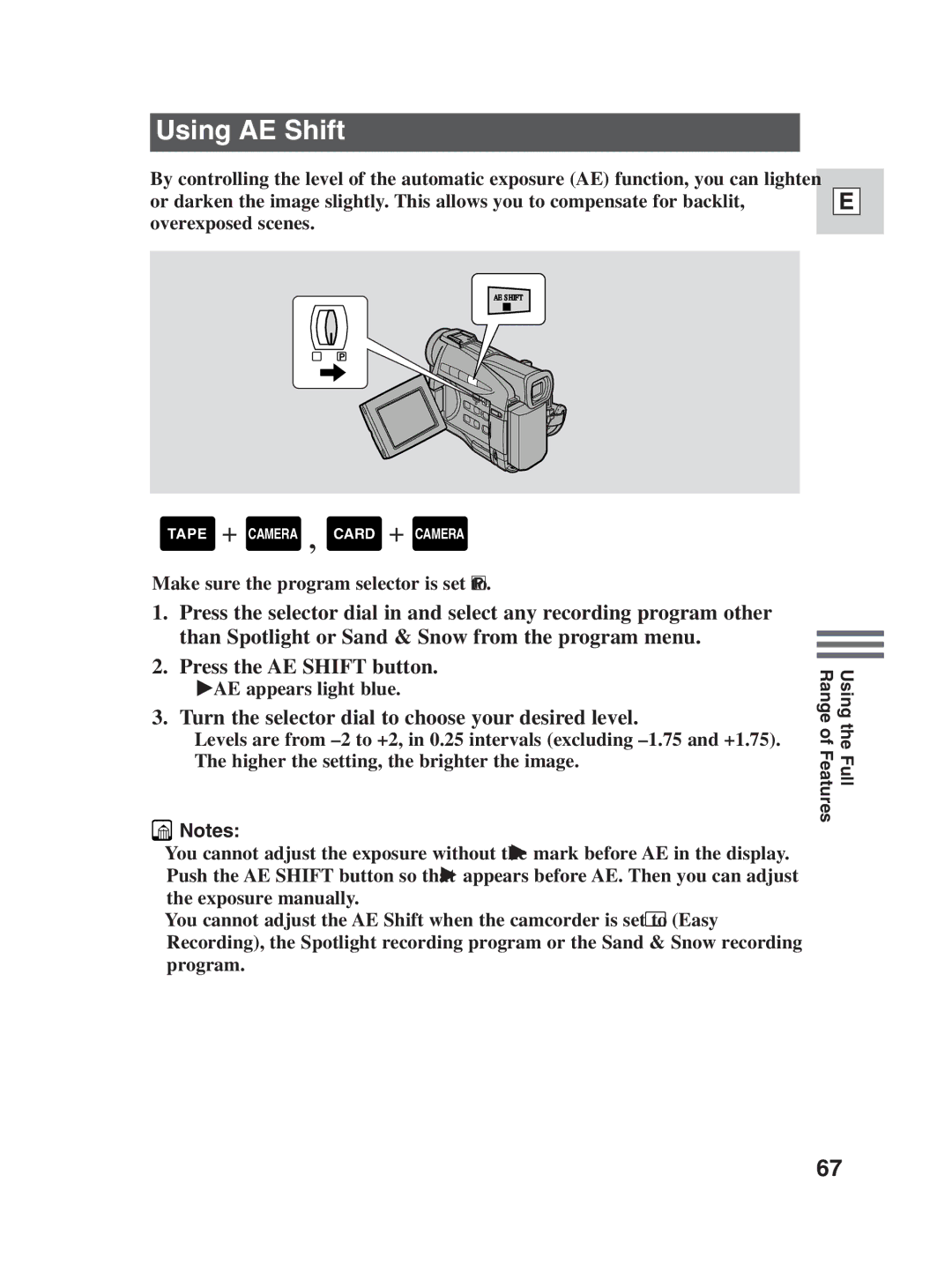 Canon ZR25 MC instruction manual Using AE Shift, Turn the selector dial to choose your desired level 