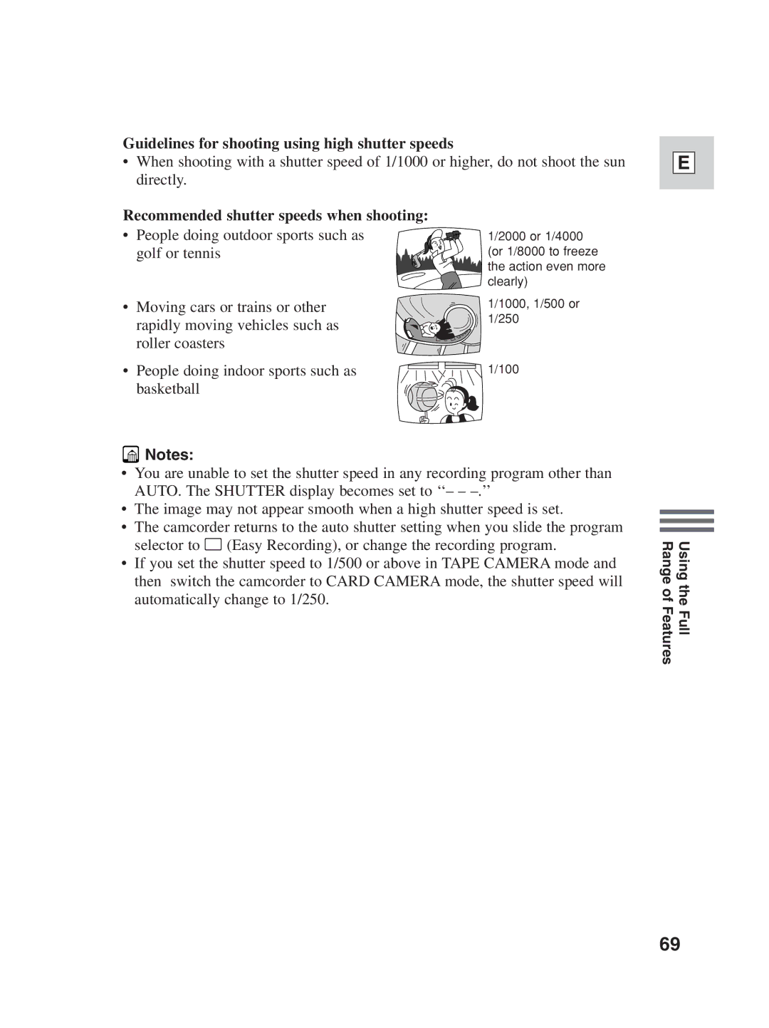 Canon ZR25 MC Guidelines for shooting using high shutter speeds, Recommended shutter speeds when shooting 