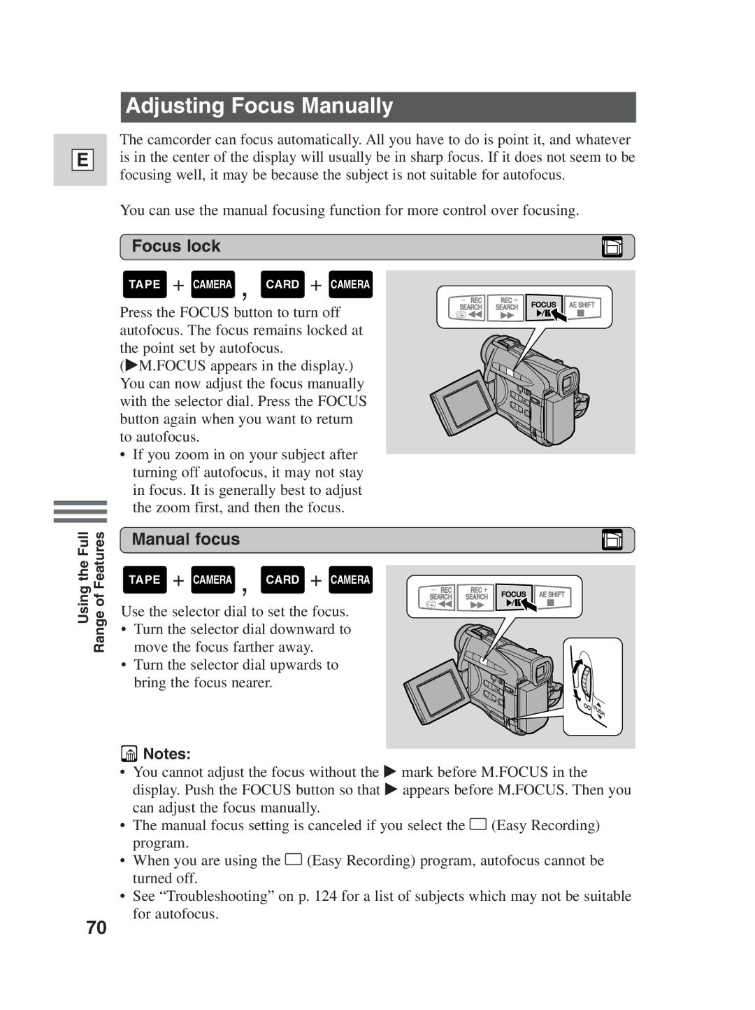 Canon ZR25 MC instruction manual Adjusting Focus Manually, Focus lock, Manual focus 