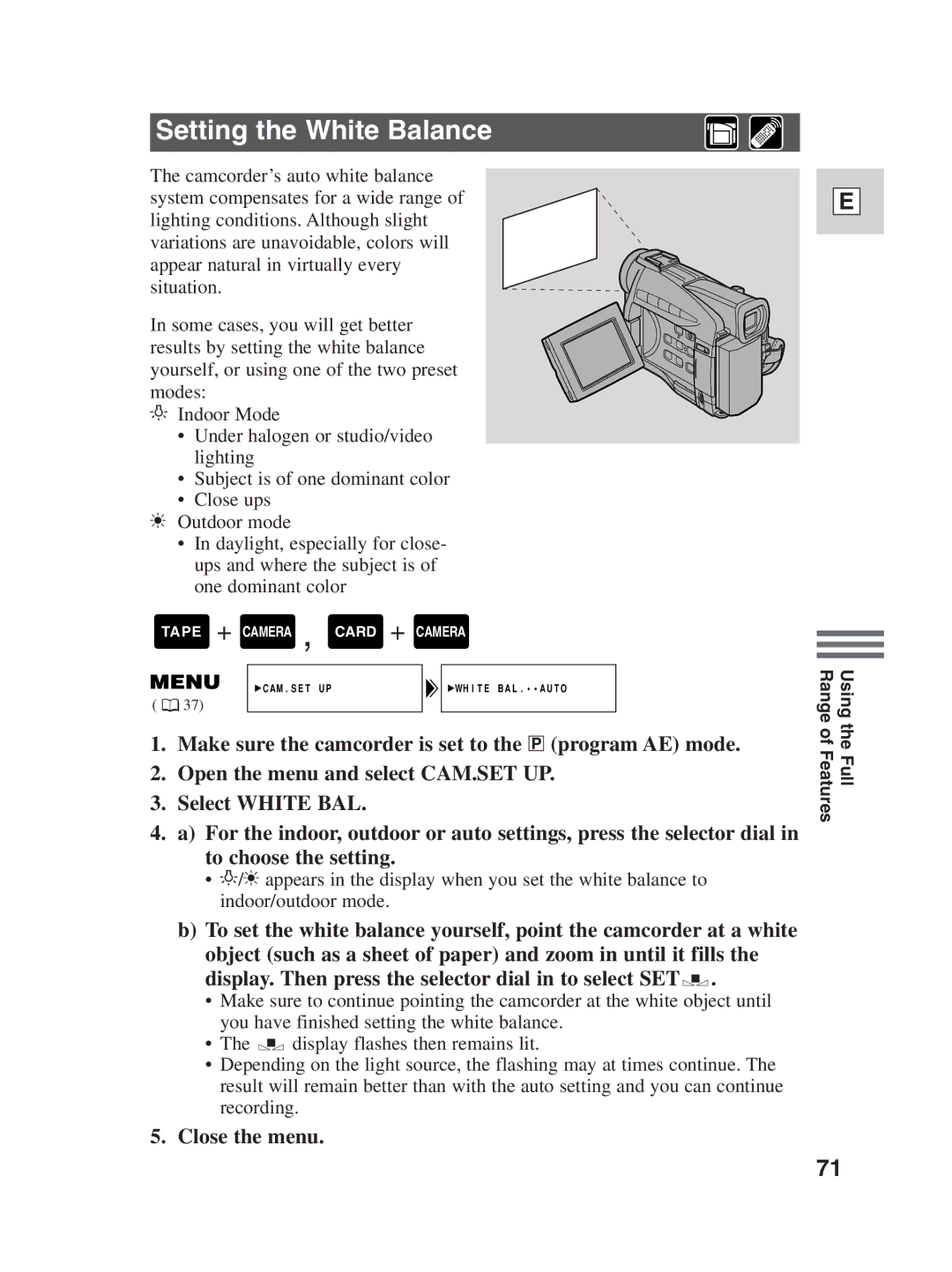 Canon ZR25 MC instruction manual Setting the White Balance, Close the menu 