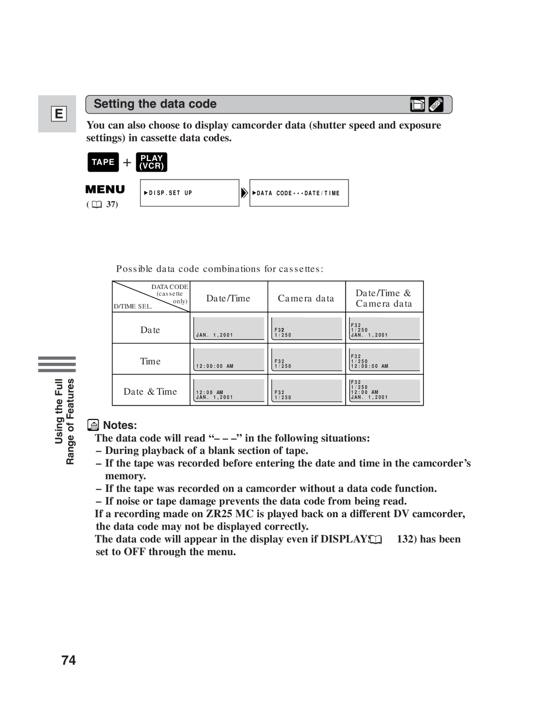 Canon ZR25 MC instruction manual Setting the data code, Date/Time 