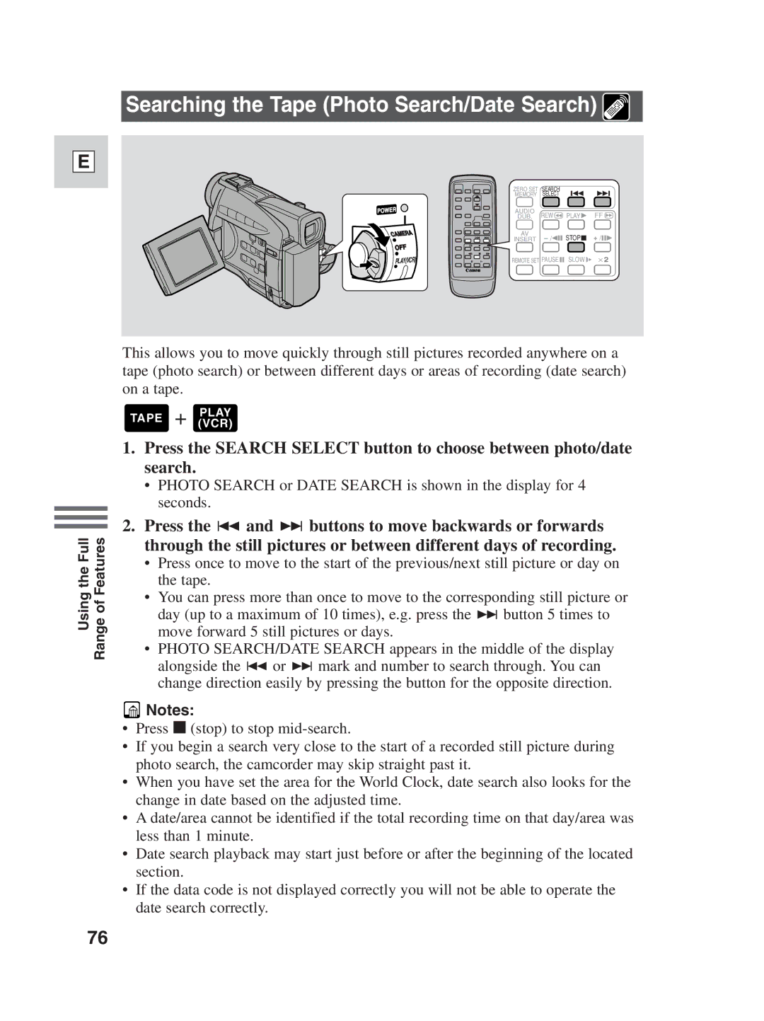 Canon ZR25 MC instruction manual Searching the Tape Photo Search/Date Search 