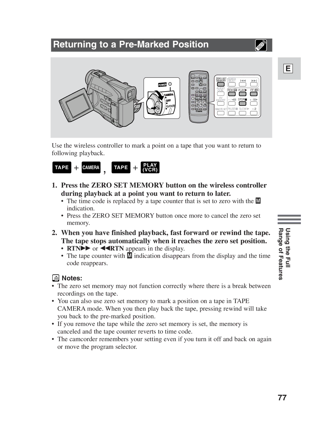 Canon ZR25 MC instruction manual Returning to a Pre-Marked Position 