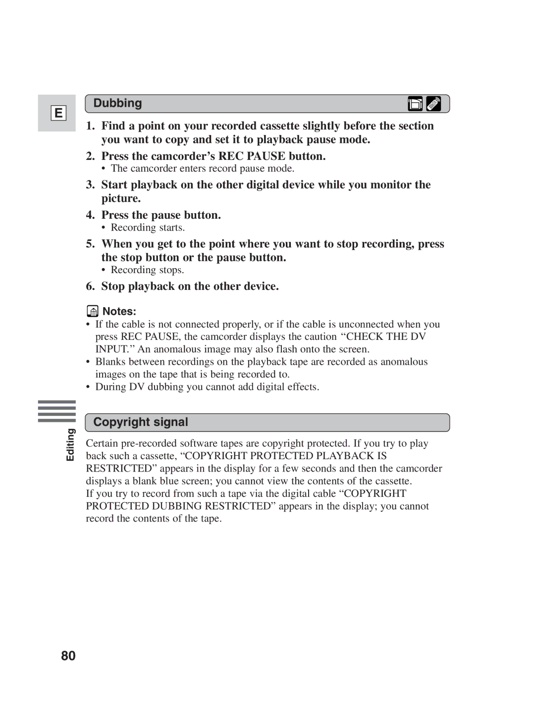 Canon ZR25 MC instruction manual Dubbing, Stop playback on the other device, Copyright signal 