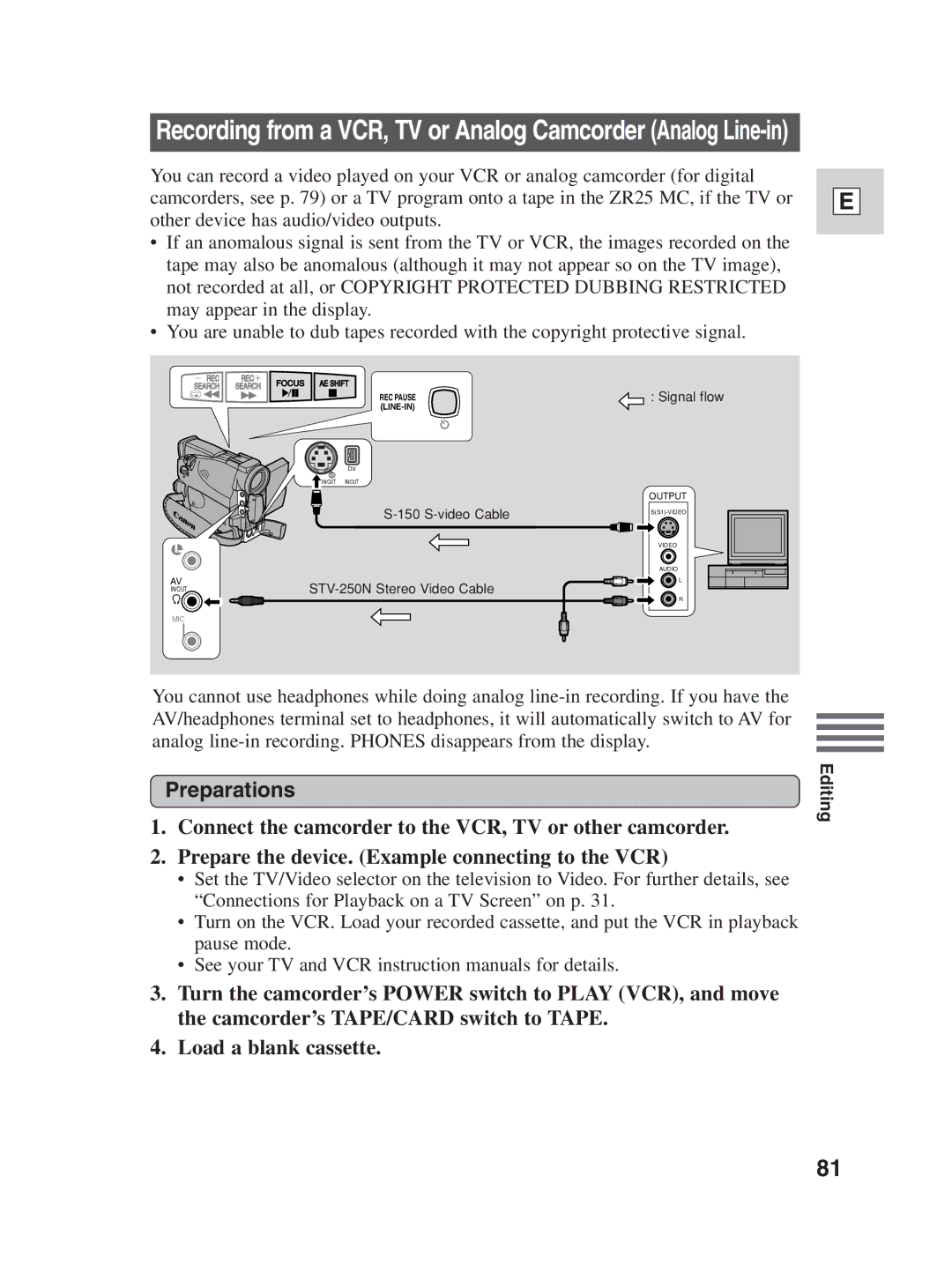 Canon ZR25 MC instruction manual Recording from a VCR, TV or Analog Camcorder Analog Line-in 