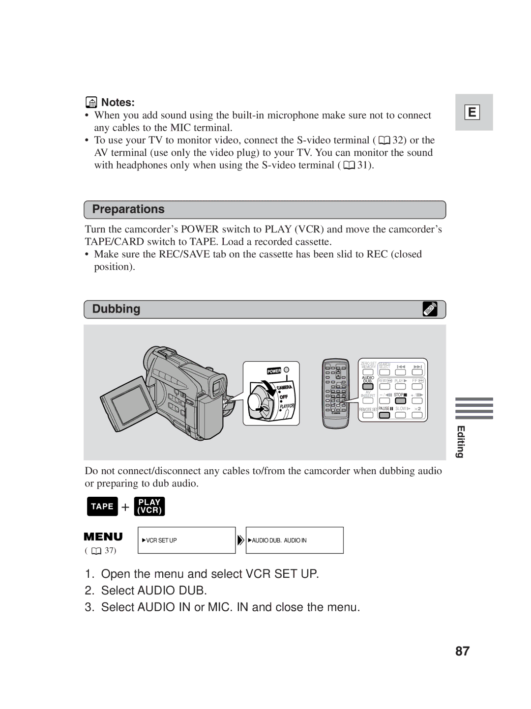 Canon ZR25 MC instruction manual VCR SET UP Audio DUB.AUDIO 