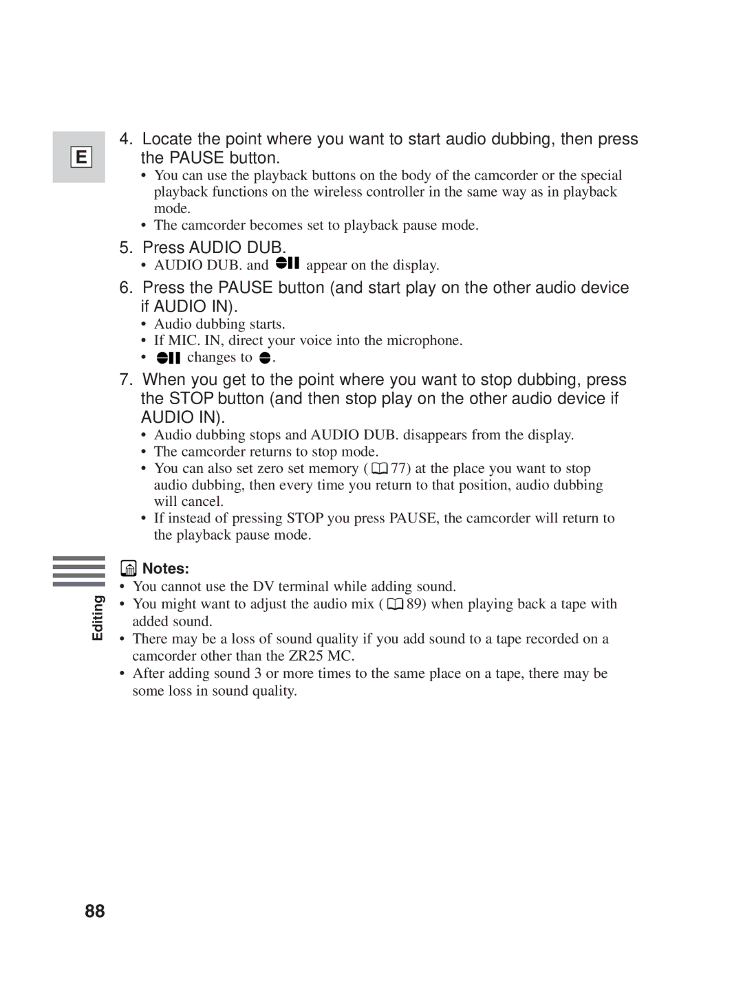 Canon ZR25 MC instruction manual Press Audio DUB 