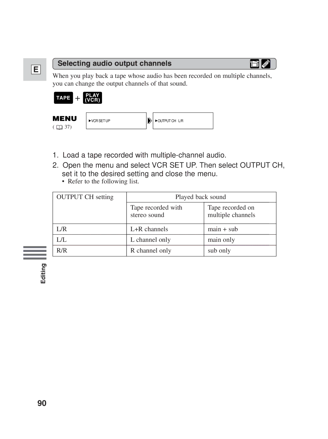 Canon ZR25 MC instruction manual Selecting audio output channels 