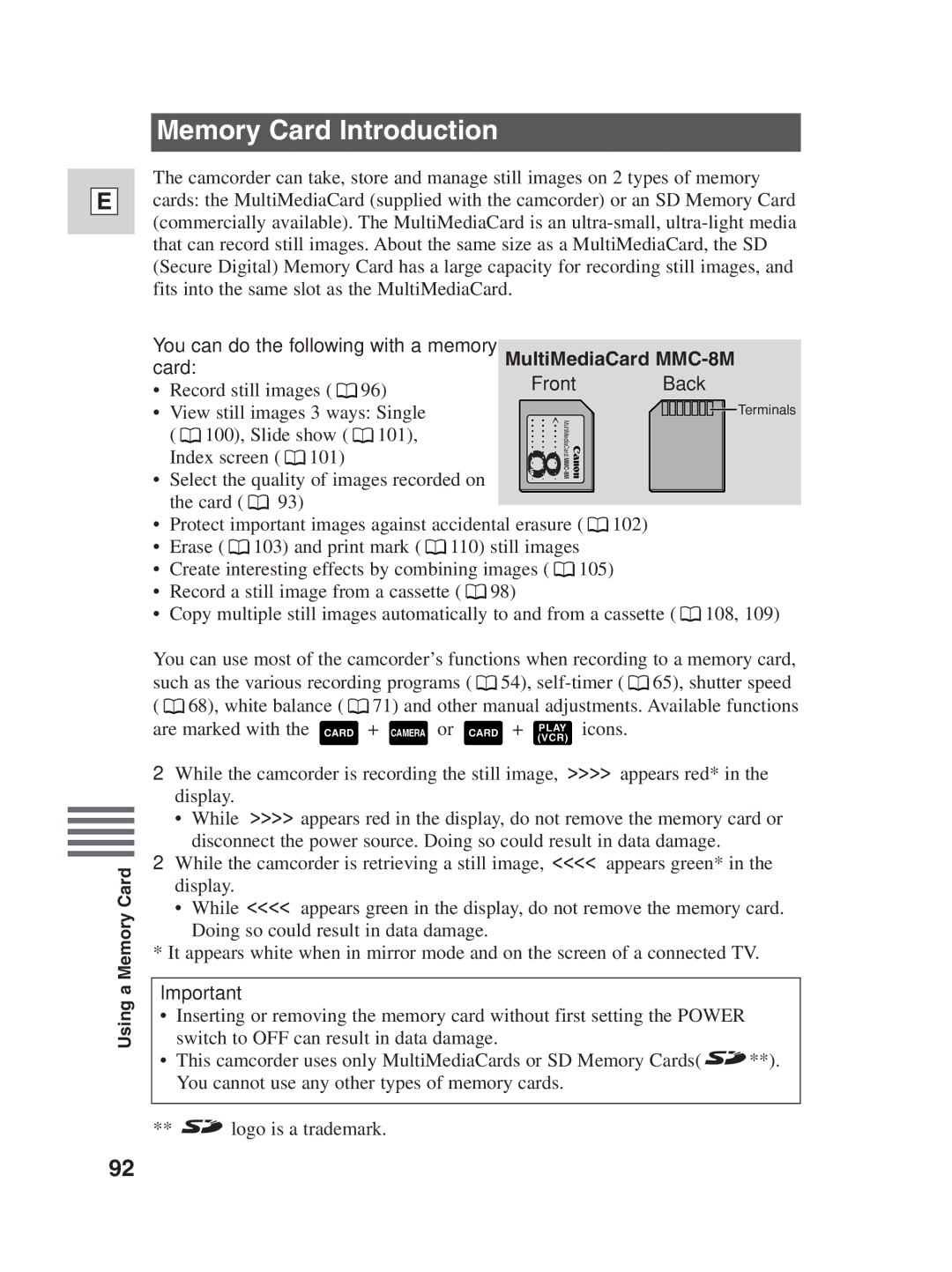 Canon ZR25 MC instruction manual Memory Card Introduction, You can do the following with a memory 