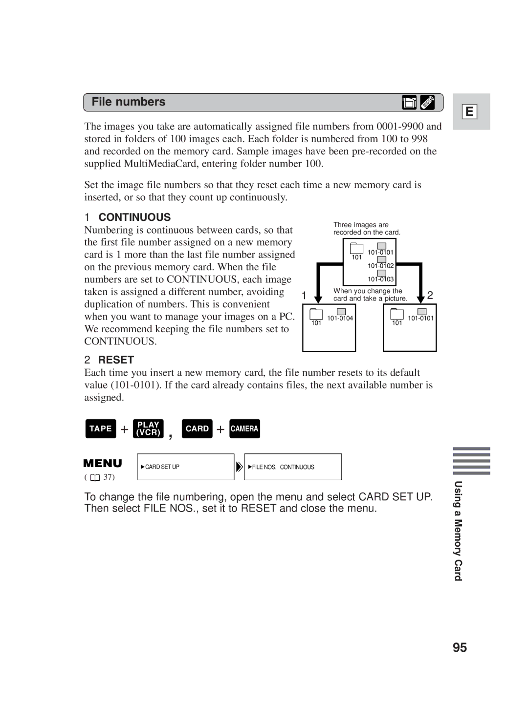 Canon ZR25 MC instruction manual File numbers, Continuous 