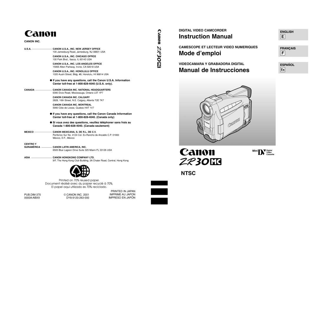 Canon ZR30 MC instruction manual Mode d’emploi 