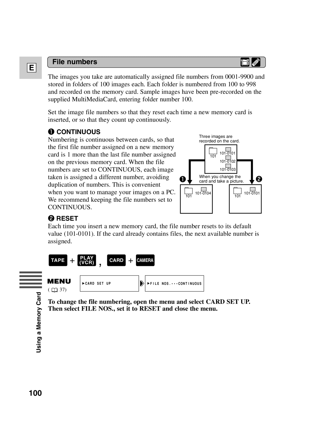 Canon ZR30 MC instruction manual 100, File numbers 