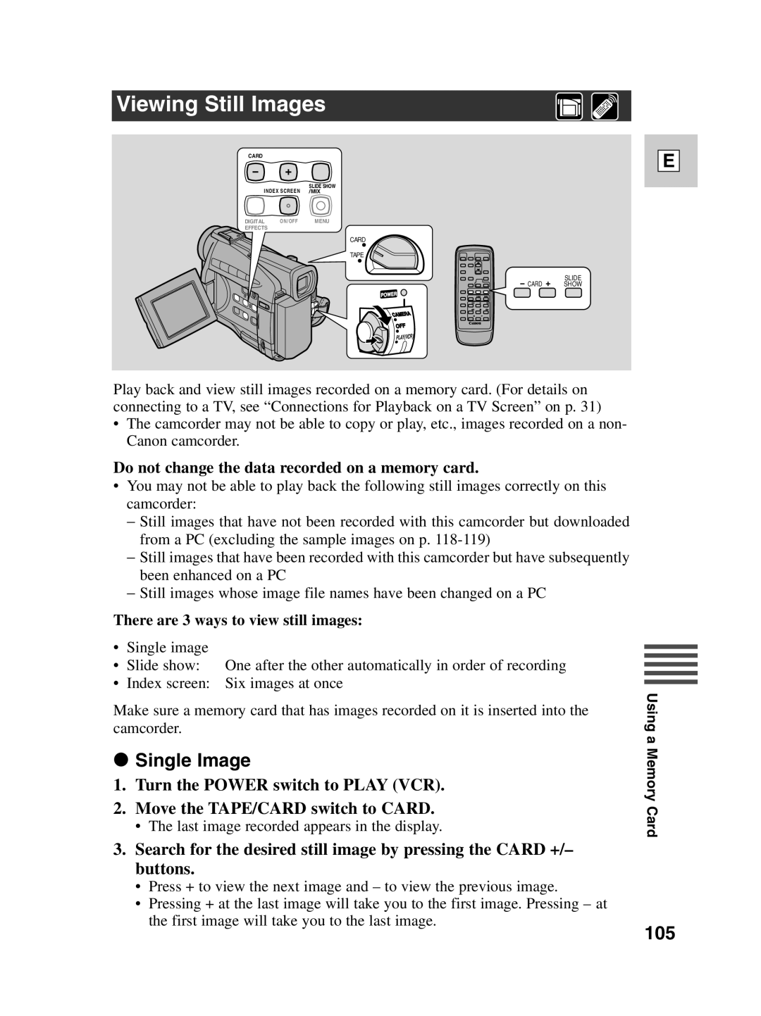 Canon ZR30 MC instruction manual Viewing Still Images, Single Image, 105, There are 3 ways to view still images 