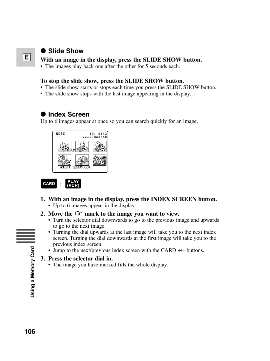 Canon ZR30 MC instruction manual Slide Show, Index Screen, 106 