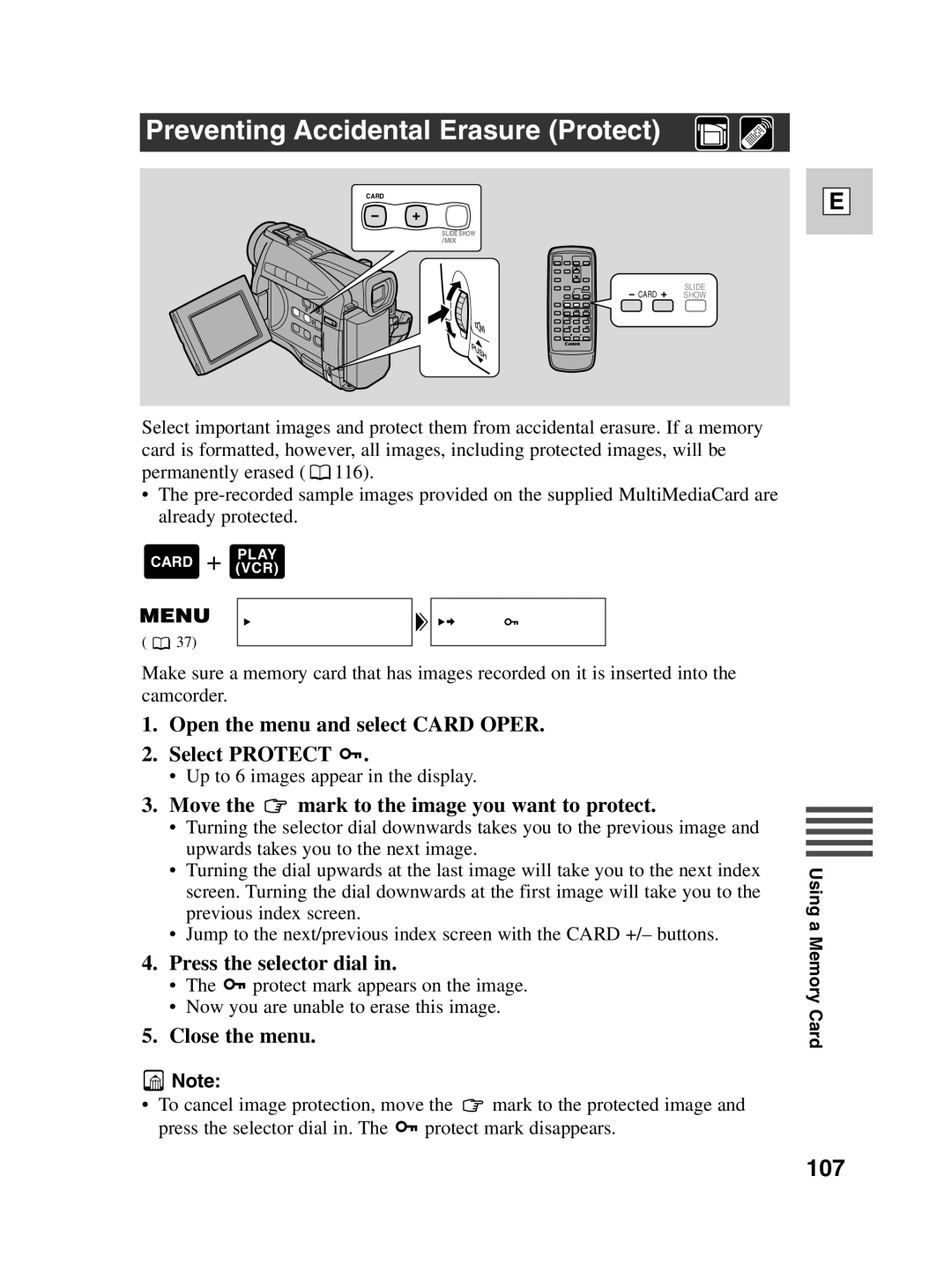 Canon ZR30 MC Preventing Accidental Erasure Protect, 107, Open the menu and select Card Oper Select Protect 