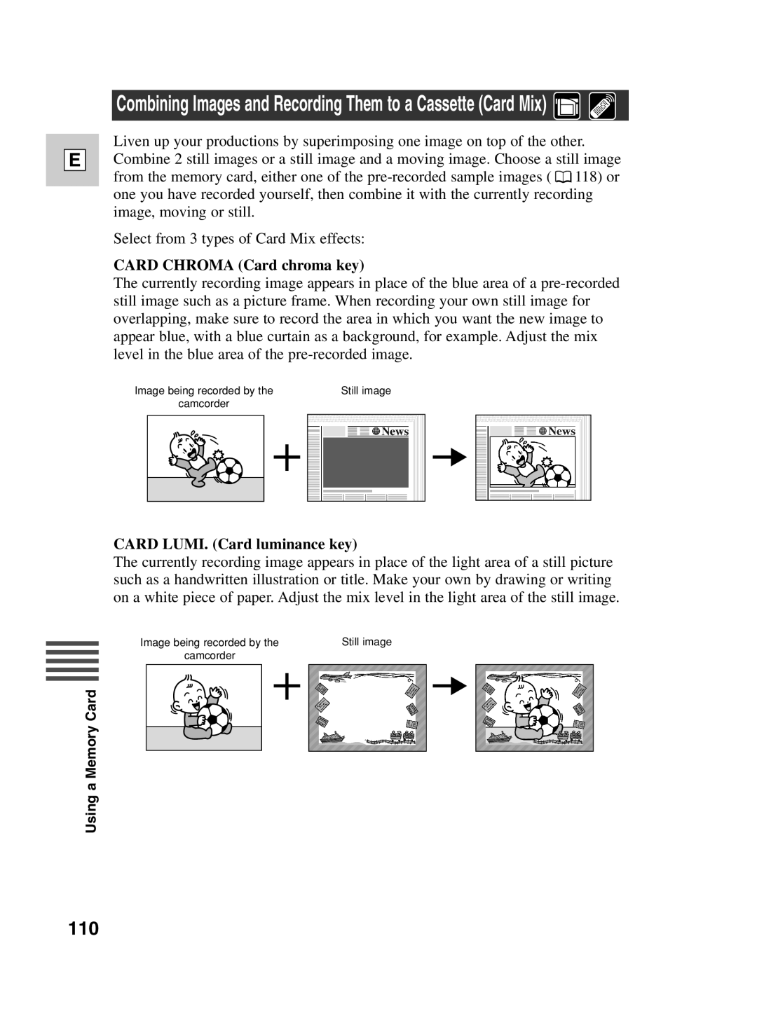 Canon ZR30 MC instruction manual 110, Card Chroma Card chroma key, Card LUMI. Card luminance key 