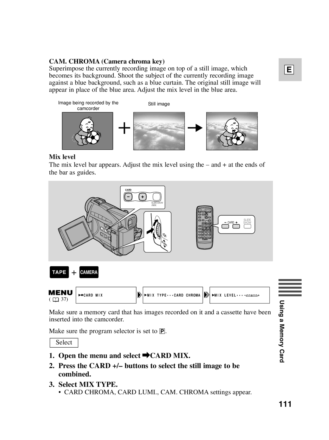 Canon ZR30 MC instruction manual 111, CAM. Chroma Camera chroma key, Mix level 