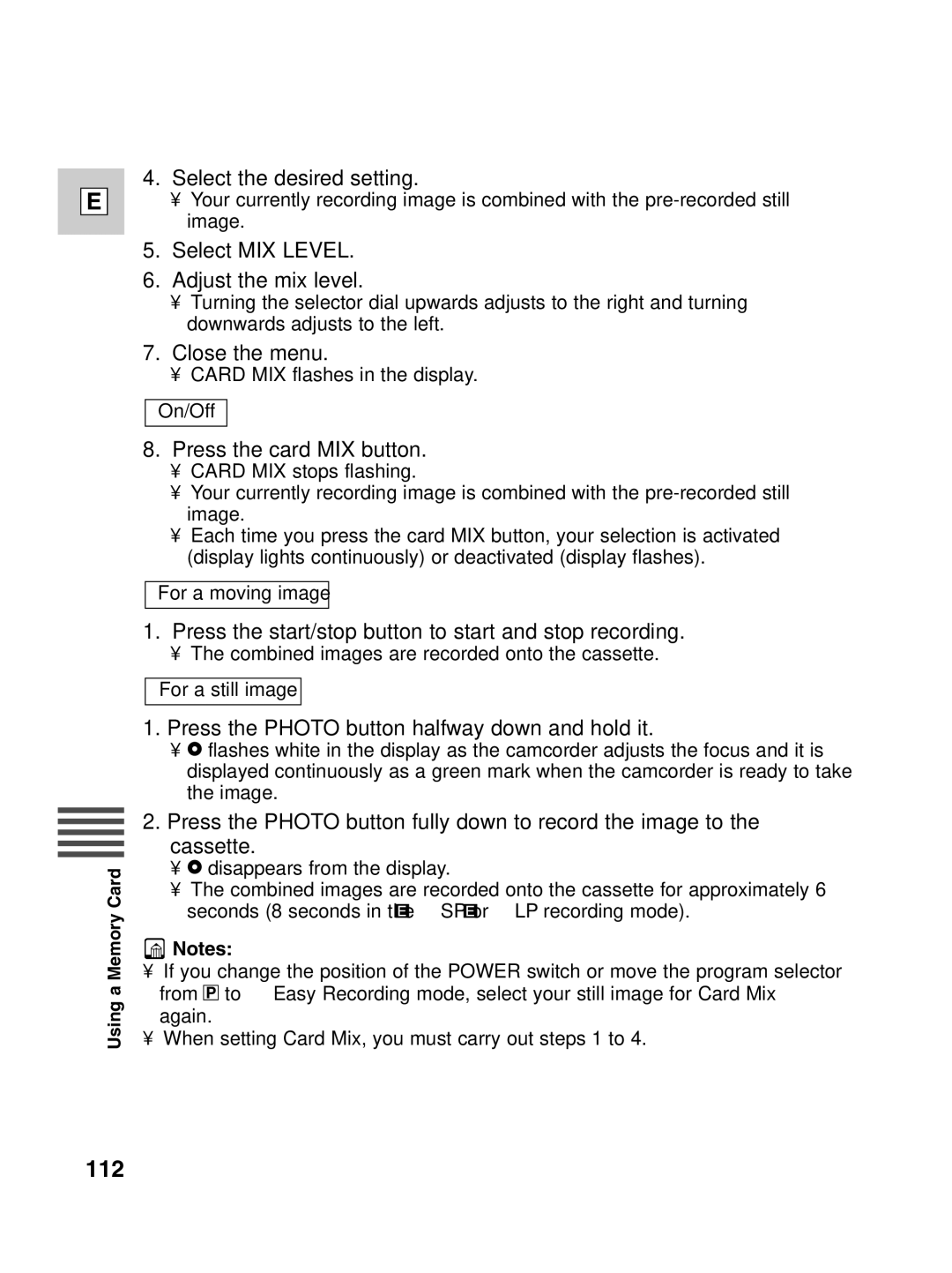 Canon ZR30 MC instruction manual 112, Select MIX Level Adjust the mix level, Press the card MIX button 