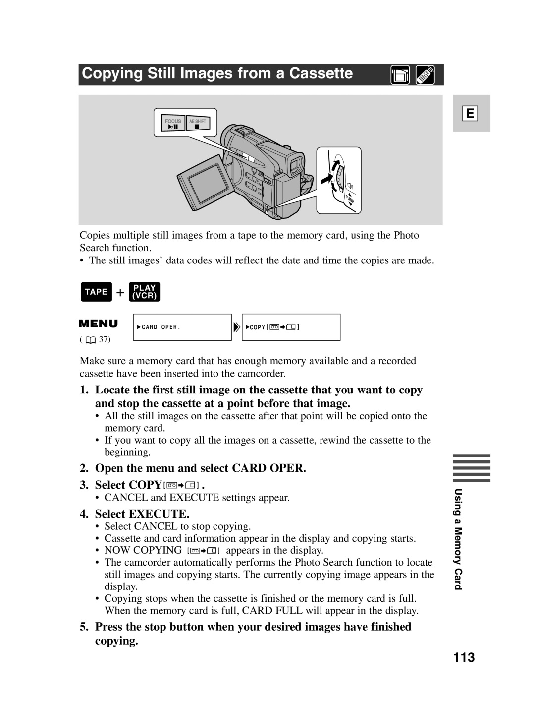 Canon ZR30 MC Copying Still Images from a Cassette, 113, Open the menu and select Card Oper Select Copy, Select Execute 