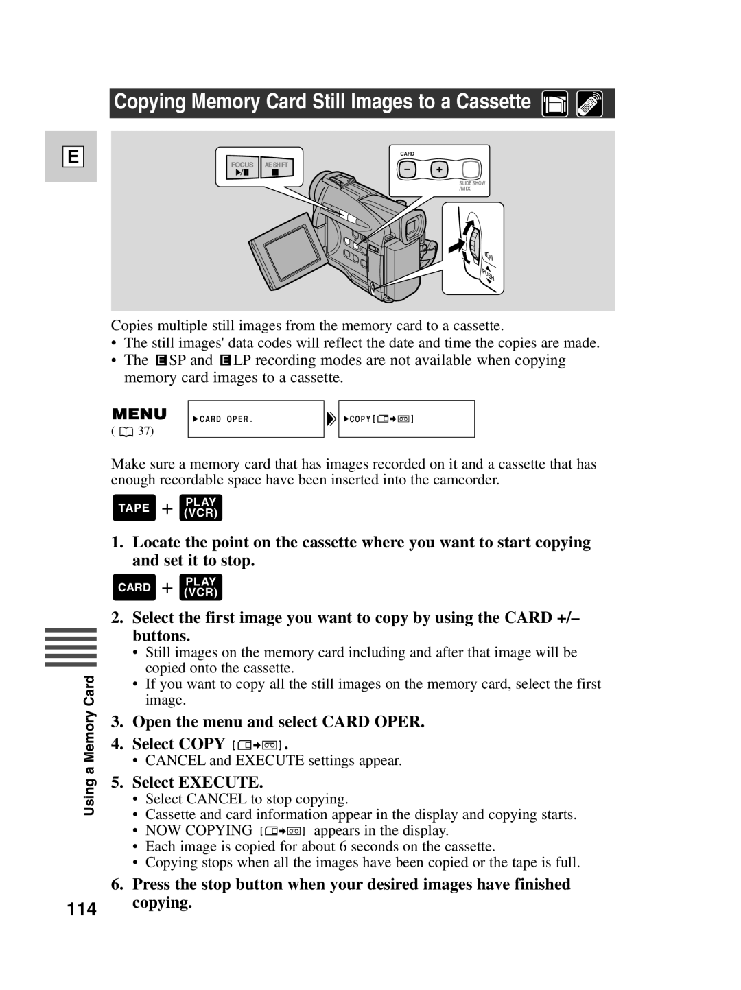 Canon ZR30 MC instruction manual Copying Memory Card Still Images to a Cassette 