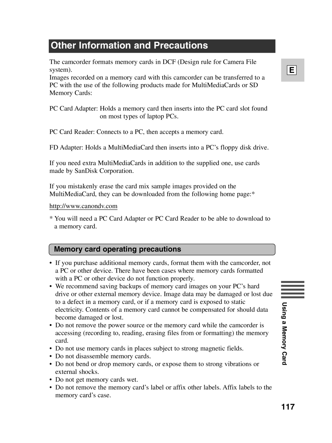 Canon ZR30 MC instruction manual Other Information and Precautions, 117, Memory card operating precautions 