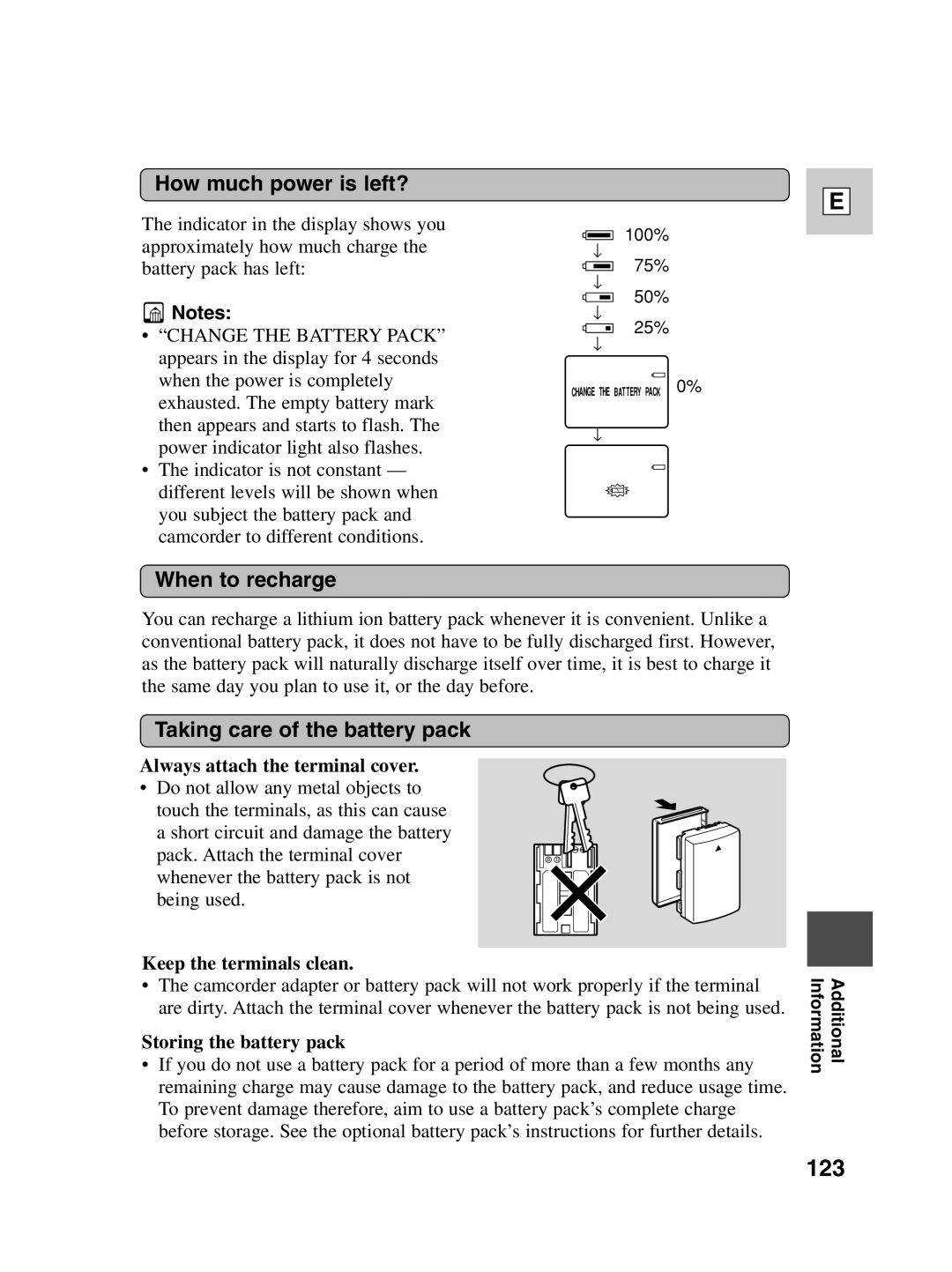 Canon ZR30 MC instruction manual 123, How much power is left?, When to recharge, Taking care of the battery pack 