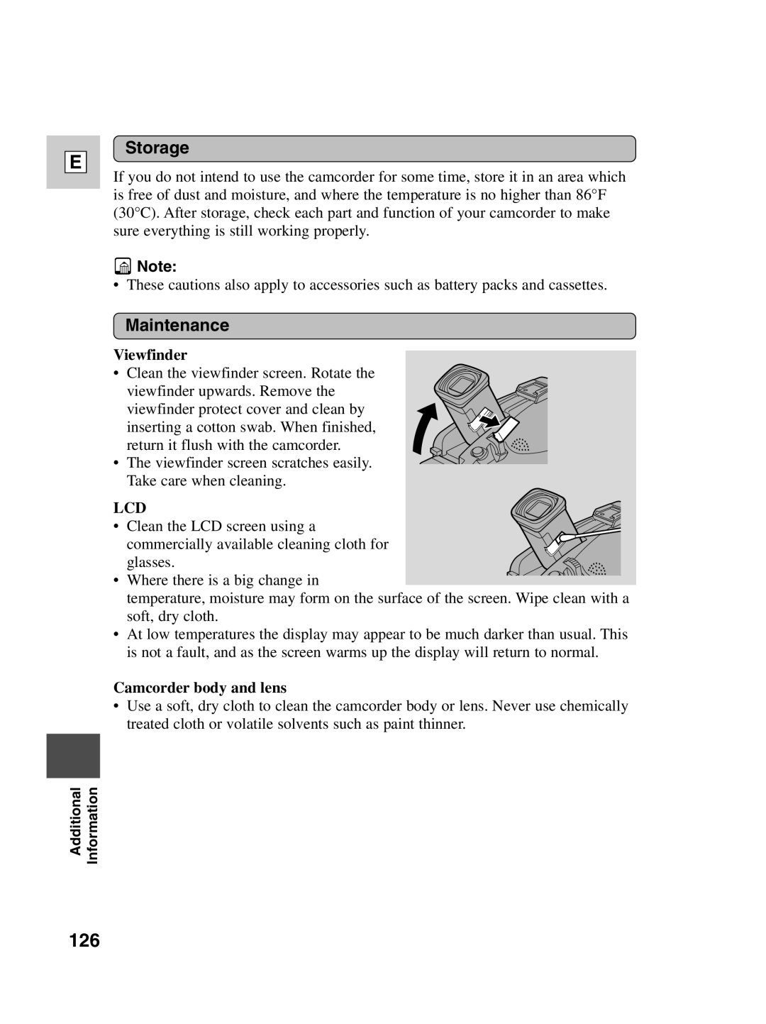 Canon ZR30 MC instruction manual 126, Storage, Maintenance, Viewfinder, Camcorder body and lens 