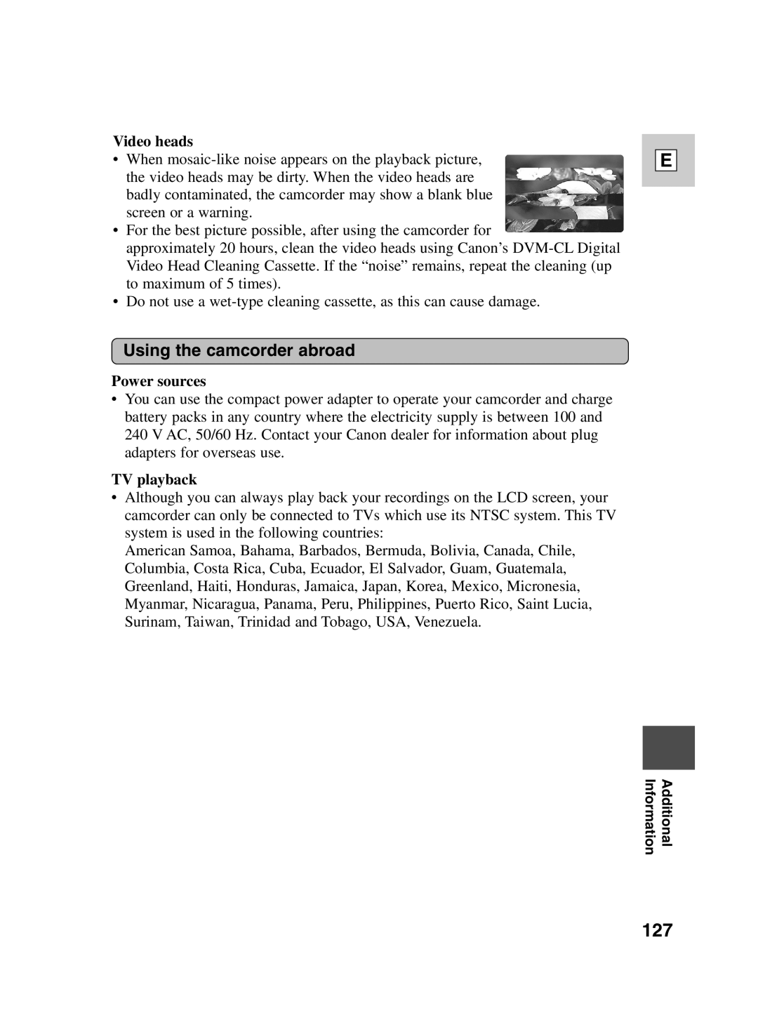 Canon ZR30 MC instruction manual 127, Using the camcorder abroad, Video heads, Power sources, TV playback 