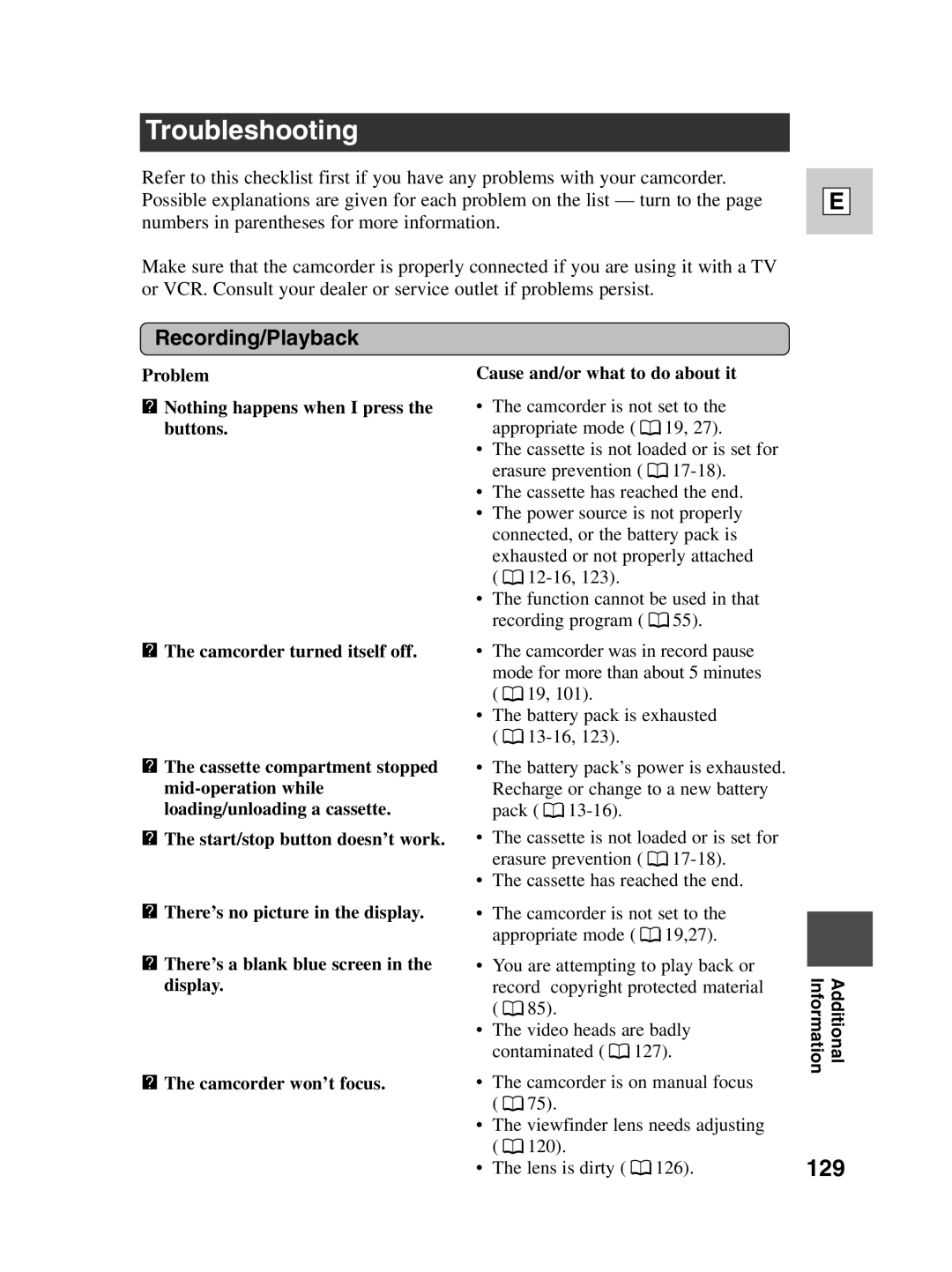 Canon ZR30 MC instruction manual Troubleshooting, 129, Recording/Playback 