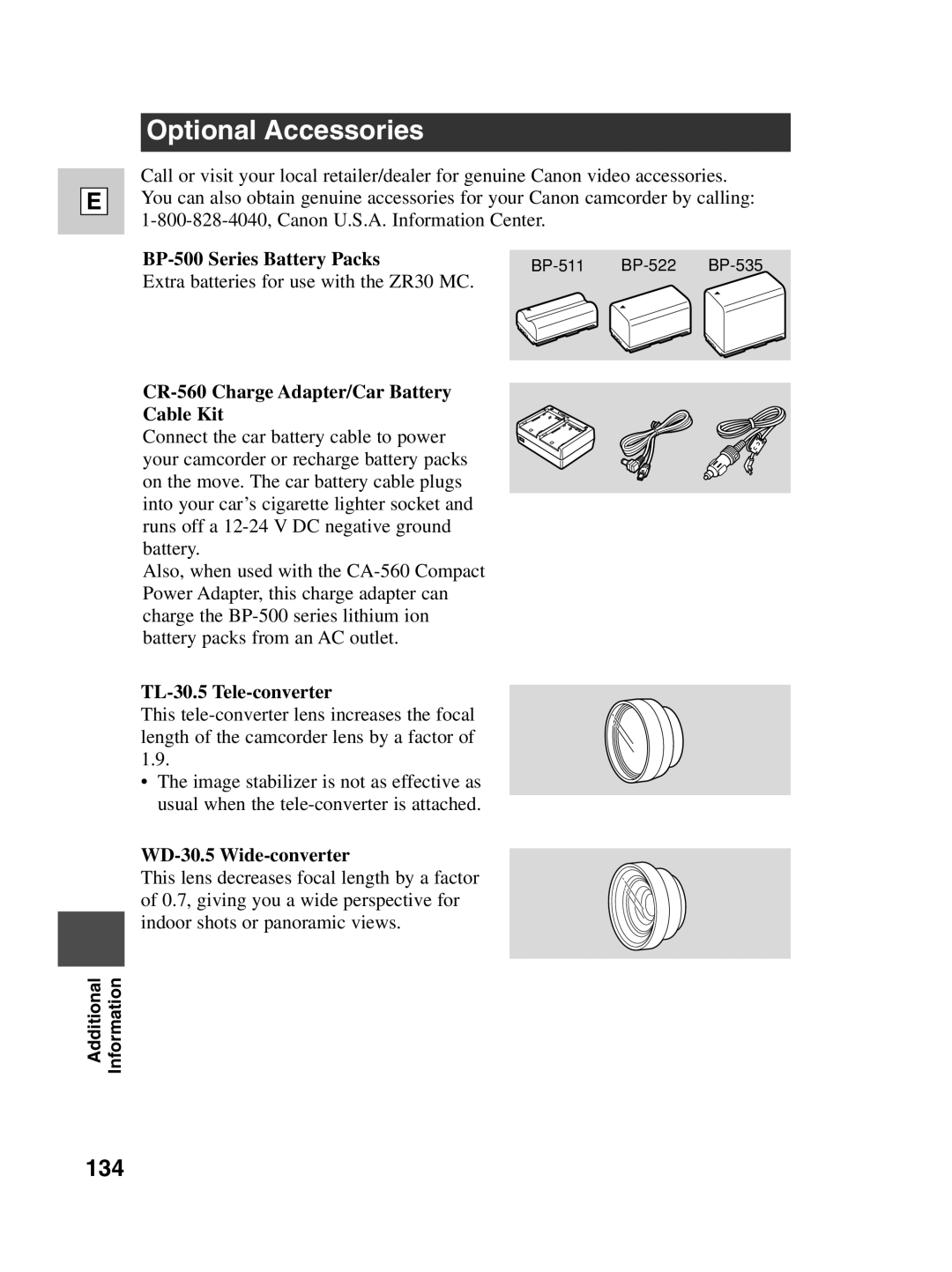 Canon ZR30 MC instruction manual Optional Accessories, 134 