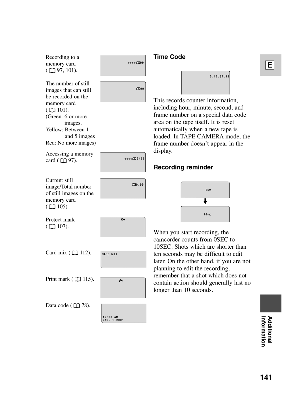 Canon ZR30 MC instruction manual 141, Time Code 