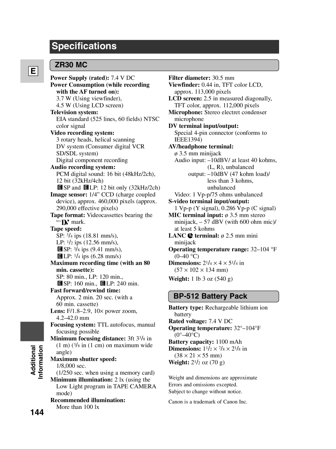 Canon ZR30 MC instruction manual Specifications, 144, BP-512 Battery Pack 