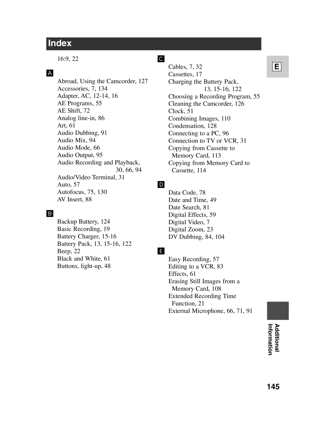 Canon ZR30 MC instruction manual Index, 145 