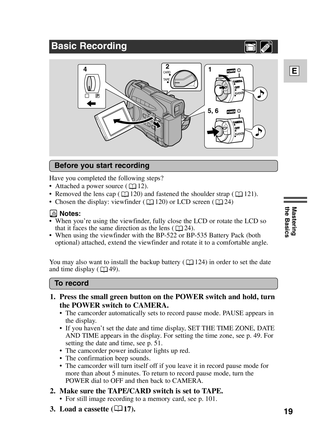 Canon ZR30 MC Basic Recording, Before you start recording, To record, Make sure the TAPE/CARD switch is set to Tape 